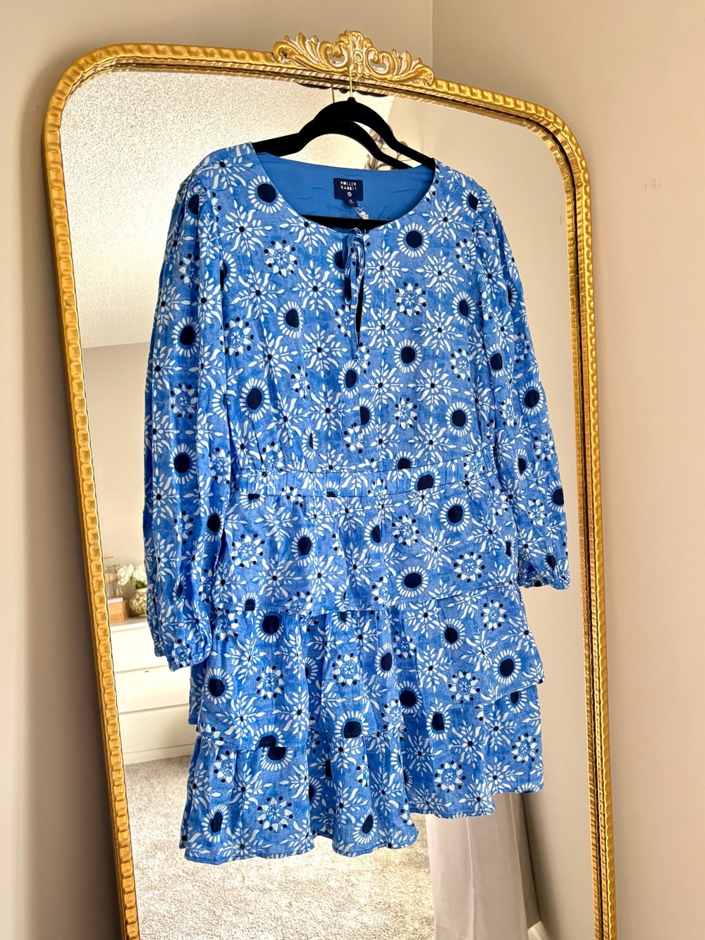 Roller Rabbit Blue Floral Print Tie-Neck Dress